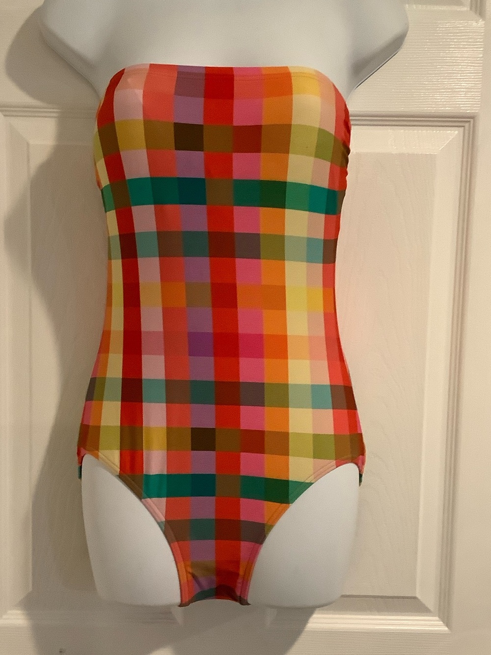 KATE SPADE Garden Plaid Multicolor Bandeau One Piece Swimsuit Bathing Suit S